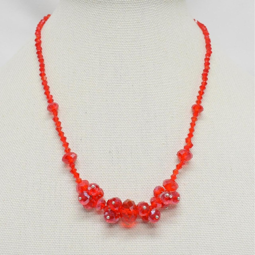 Red Crystal Beaded Necklace Faceted Glass Cluster Coquette Retro Glam Party
